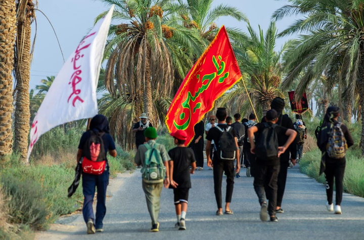 راهپیمایی اربعین در بین نخلستان‌ها