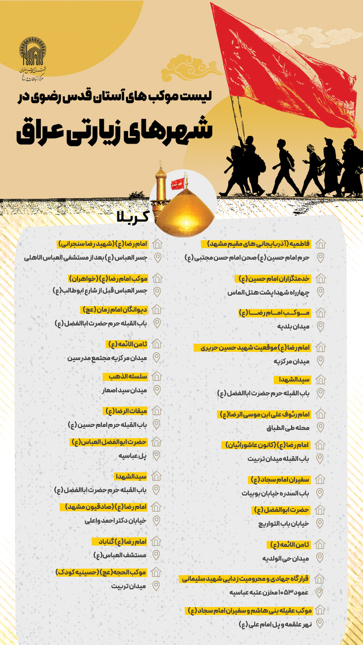 لیست موکب های آستان قدس رضوی در شهرهای زیارتی عراق