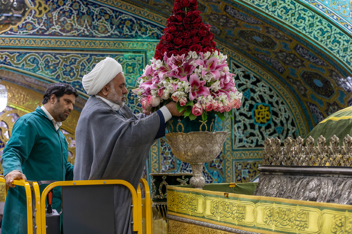 Imam Reza shrine adorned with flowers for Karamat Ten-Day Celebrations