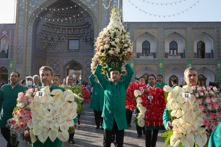 Imam Reza shrine adorned with flowers for Karamat Ten-Day Celebrations