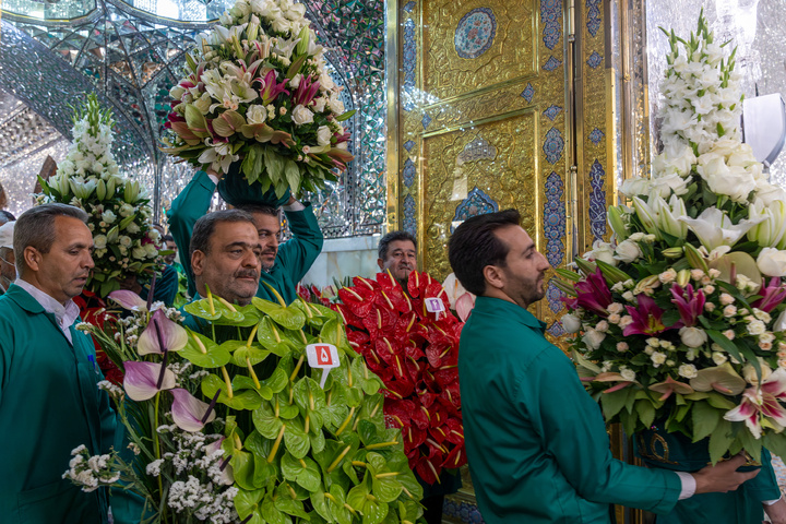 Imam Reza shrine adorned with flowers for Karamat Ten-Day Celebrations