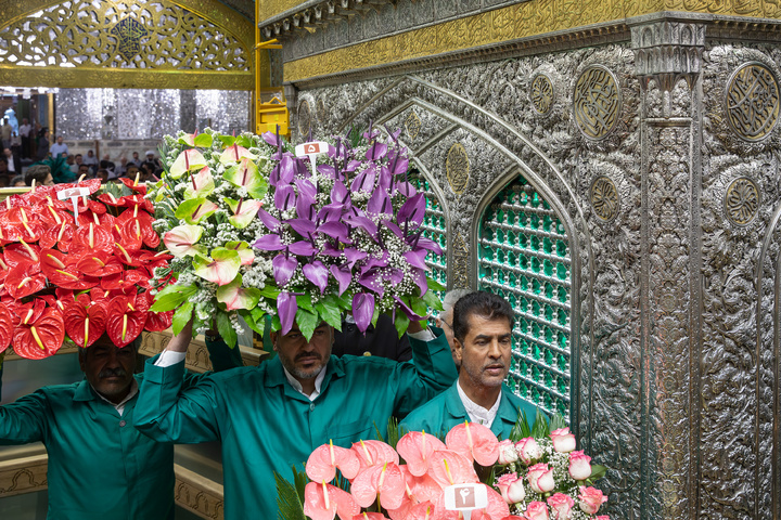 Imam Reza shrine adorned with flowers for Karamat Ten-Day Celebrations