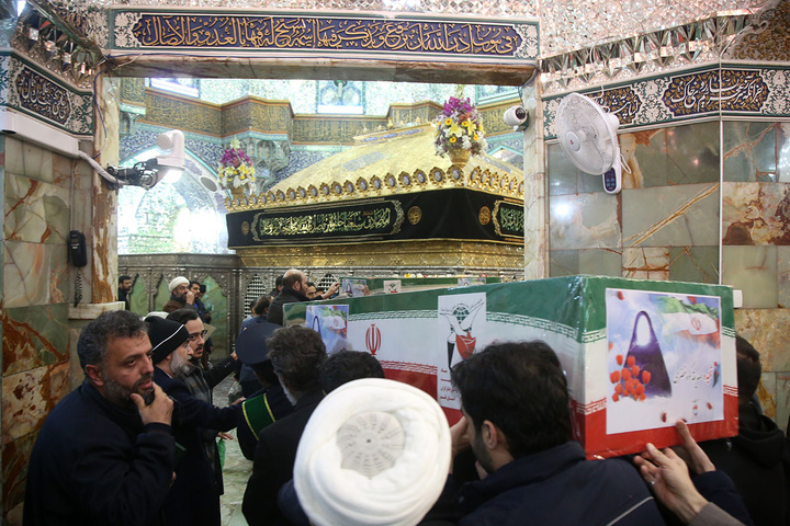 وداع با پیکر شهدای اخیر حملات آمریکایی صهیونی به قم در حرم بانوی کرامت